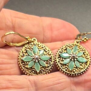 Elegant Gold and Green Floral Earrings